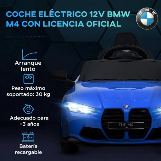 Coche de Batería para Niños 12V BMW M4 con Mando a Distancia Faros Bocina Música Velocidad 3-5 km/h Azul [7]