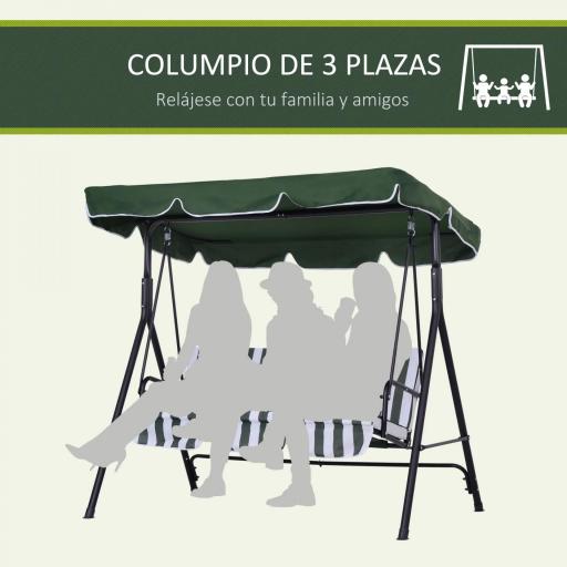 Balancín de Jardín Exterior Columpio de 3 Plazas con Toldo Ajustable y Marco de Acero para Terraza 172x110x153 cm Verde [5]