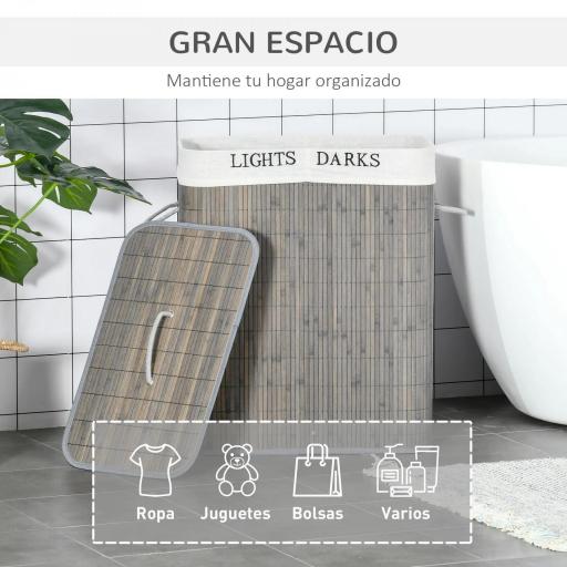 Cesto para Ropa Sucia de Bambú Capacidad de 100L con Tapa Extraíble Bolsa de 2 Compartimentos 52x32x63 cm Gris [2]