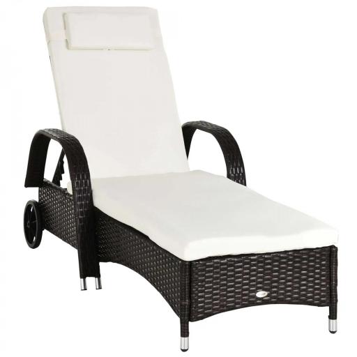 Tumbona de Ratán de Jardín Chaise Longue con Respaldo Ajustable en 5 Posiciones Cojines Acolchados Reposacabezas y 2 Ruedas Carga 160 kg 200x73x30-103 cm Crema y Marrón [9]