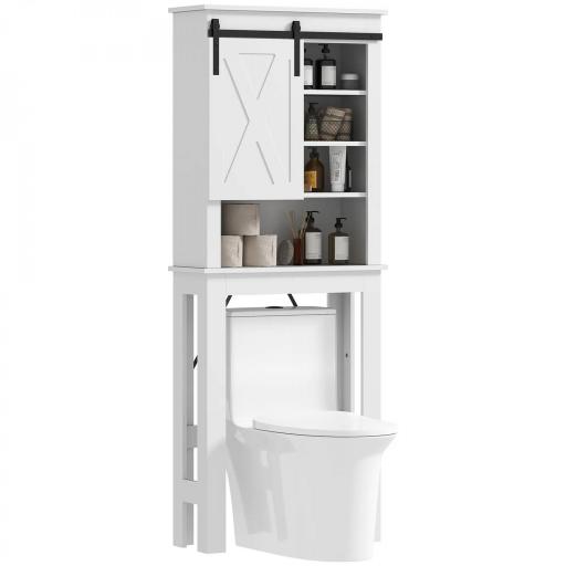 Mueble sobre Inodoro para el Baño con Puerta Corredera de Granero y 6 Compartimentos Estilo Rústico 67x25x172 cm Blanco [5]