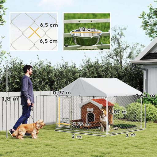 Perrera de Acero Galvanizado con Toldo Resistente y Estación de Alimentación para Perros 200x200x154 cm Plata [1]