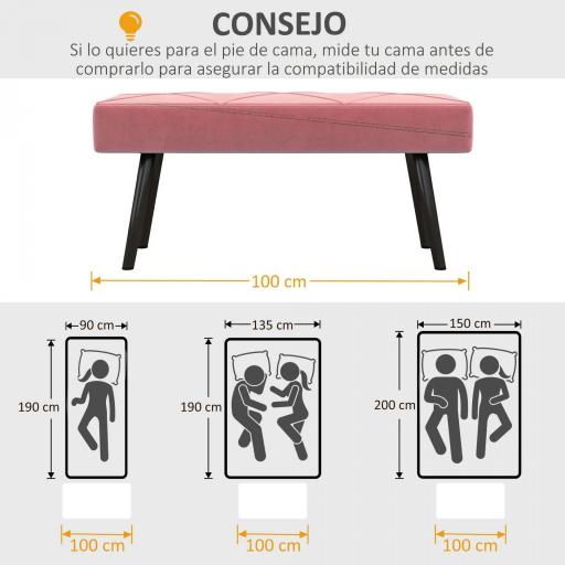 Taburete Pie de Cama Multifuncional con Pies de Acero y Asiento Acolchado para Entrada Pasillo 100x36x45 cm Rosa [3]