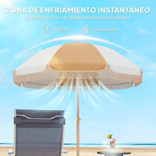 Sombrilla de Playa con Flecos Ø175 cm Sombrilla de Terraza Exterior con Altura Ajustable Inclinación 30° Blanco y Beige [3]