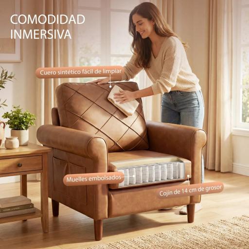 Sofá Individual Tapizado en PU Cojín Grueso Respaldo con Costuras Patas de Madera Maciza Marrón [4]