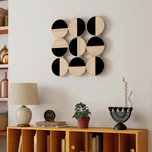 Cuadro Decorativo de Pared Geométrico Adorno Moderno 3D de 60x60 cm con Espejo de Plástico Negro y Madera Natural [7]