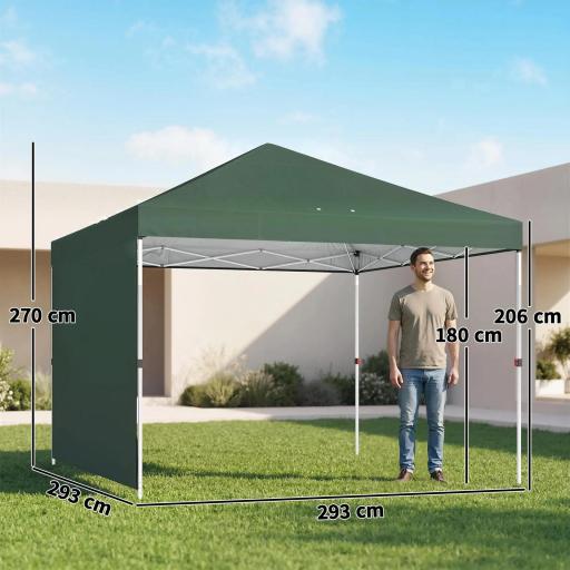 Carpa Plegable Pop-up 3x3 m con Pared Lateral UPF50+ Altura Ajustable Empuje Central Bolsa de Transporte Verde