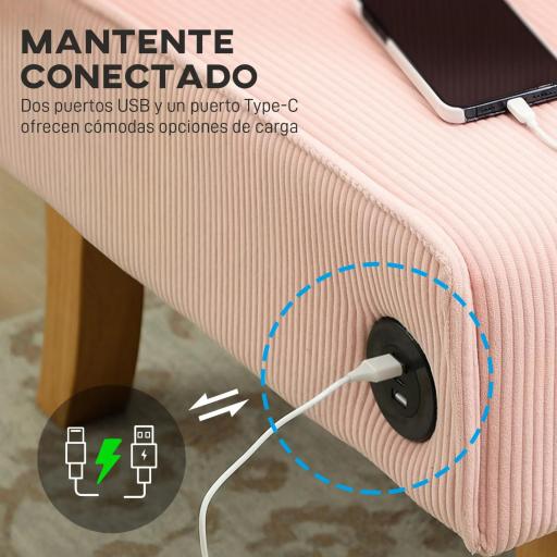 Sofá de 2 Plazas Tapizado en Pana con 2 Puertos USB 1 Puerto Tipo-C y Patas de Madera Carga 240 kg 110x60x85 cm Rosa [5]