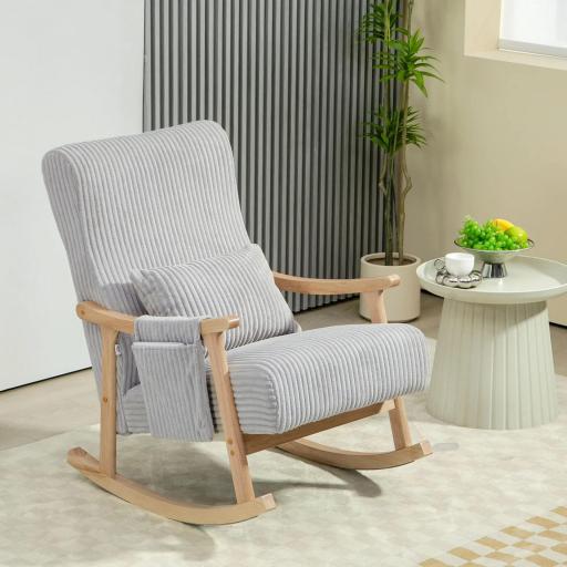 Silla Mecedora de Pana con Patas y Reposabrazos de Madera de Caucho Cojín Lumbar y Bolsillo Carga 120 kg Gris