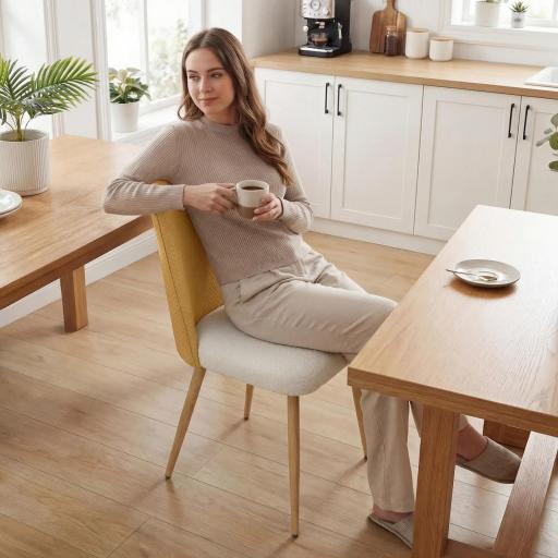 Juego de 2 Sillas de Cocina con Respaldo de PU de Imitación Ratán Patas de Acero y Asiento Acolchado Marrón y Beige [2]