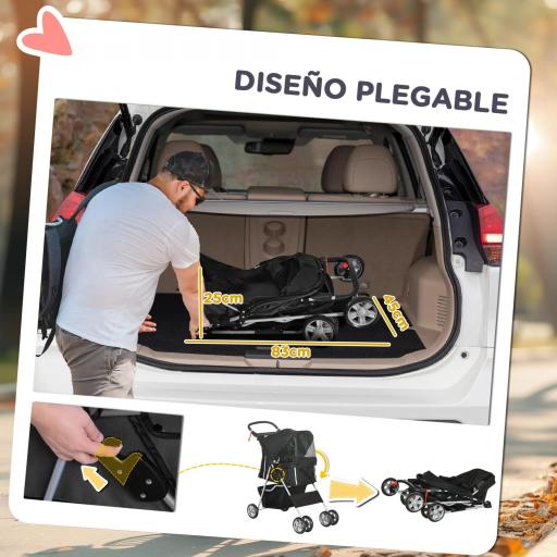 Carrito para Perros Pequeños con Toldo Ajustable Cesta de Almacenaje Portavasos y Ruedas 75x45x97 cm Negro [3]