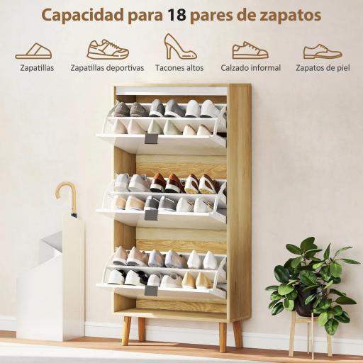 Zapatero Estrecho con 3 Puertas en Blanco Brillo Estantes Ajustables Patas de Madera para 18 Pares de Zapatos [4]