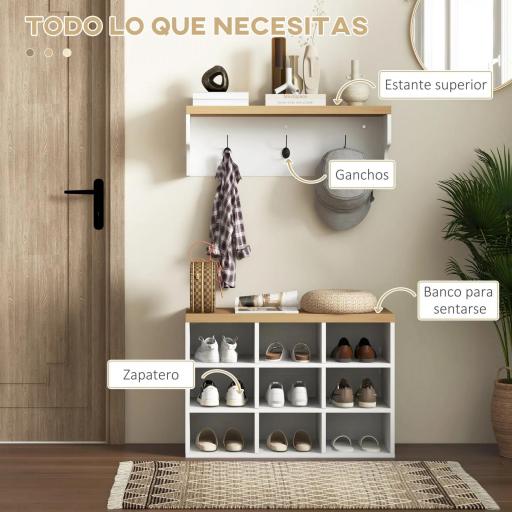 Recibidor con Perchero y Banco Zapatero Muebles de Entrada con 3 Ganchos y Estantes para 9 Pares de Zapatos Blanco [2]