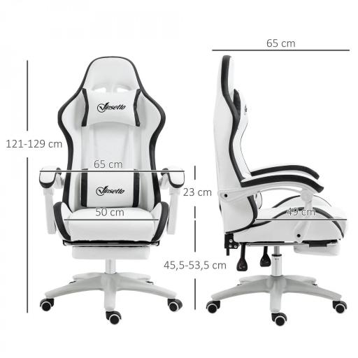 Silla Gaming Silla Gamer de Cuero PU Altura Ajustable Reclinable 135° Reposacabezas y Reposapiés 65x65x121-129 cm Blanco [5]