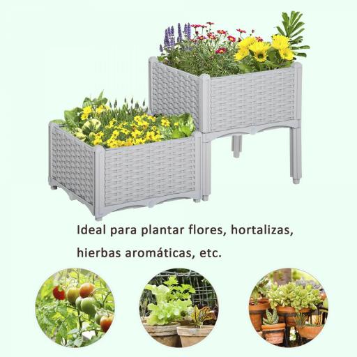 Juego de 2 Jardineras de Exterior Cuadradas Imitación a Mimbre Combinación Libre para Jardín Patio 40x40x26/44 cm Gris [3]