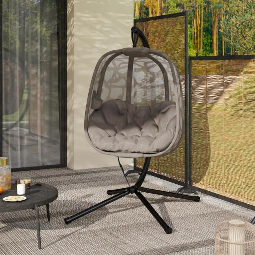 Silla Colgante con Soporte de Acero Sillón Colgante Hamaca con Cesta Plegable y Cojines para Interiores y Exterior Carga 120 kg 126x96x172 cm Marrón [3]