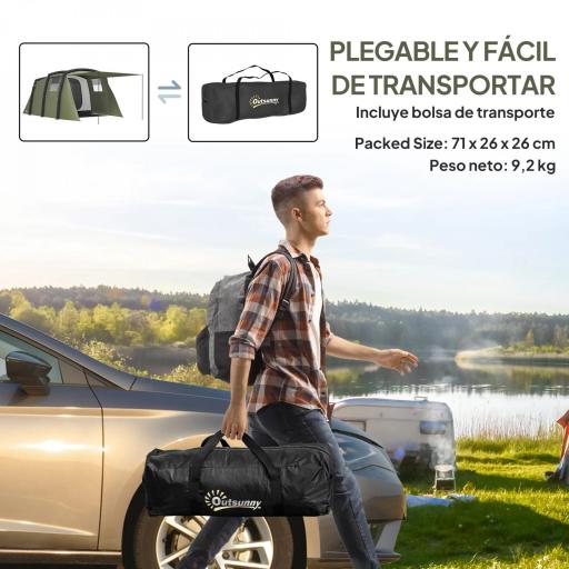 Tienda de Campaña Inflable Tipo Túnel para 3-6 Personas con Vestíbulo Ventanas de Malla y Bolsa Impermeable Verde Oliva [7]