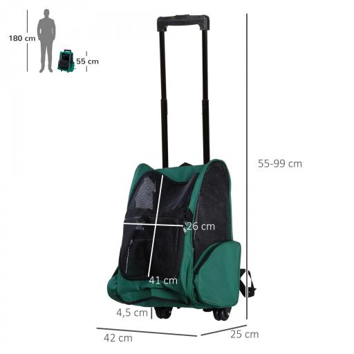 Transportín 2 en 1 para Mascotas Mochila o Carrito de Viaje para Perro y Gato con 2 Ruedas con Asa retráctil de Aluminio y Bolsillos 42x25x55 cm Verde [1]