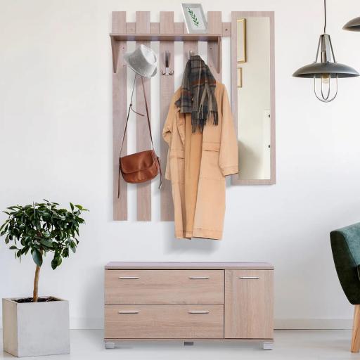 Conjunto de Recibidor de Entrada con Espejo Perchero Zapatero 3 Ganchos Estante y 2 Cajones para Pasillo Roble