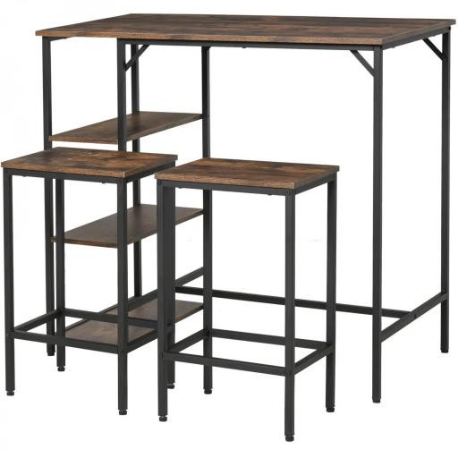 Set de Mesa de Bar y 2 Taburetes con Reposapiés y Estantes de 3 Niveles Almohadillas 109x60x100 cm Marrón Rústico [8]
