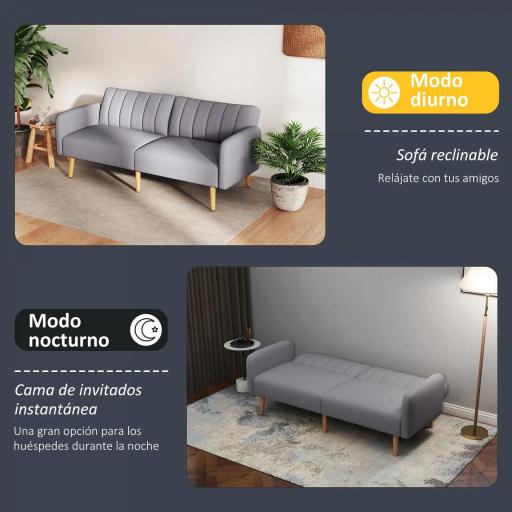 Sofá Cama de 3 Plazas Moderno 173x75x73 cm Sofá Cama Plegable Tapizado en Lino Sintético con Respaldo Ajustable en 3 Niveles y Reposabrazos Desmontables para Salón Oficina Gris [5]