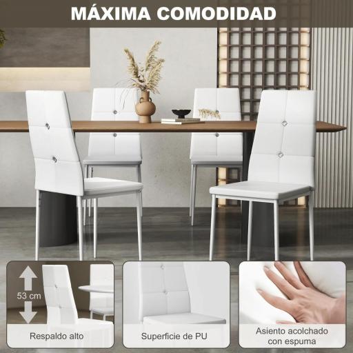 Juego de 6 Sillas de Comedor Tapizada en PU con Respaldo Alto con Botones y Patas de Acero Diseño Moderno Blanco [5]