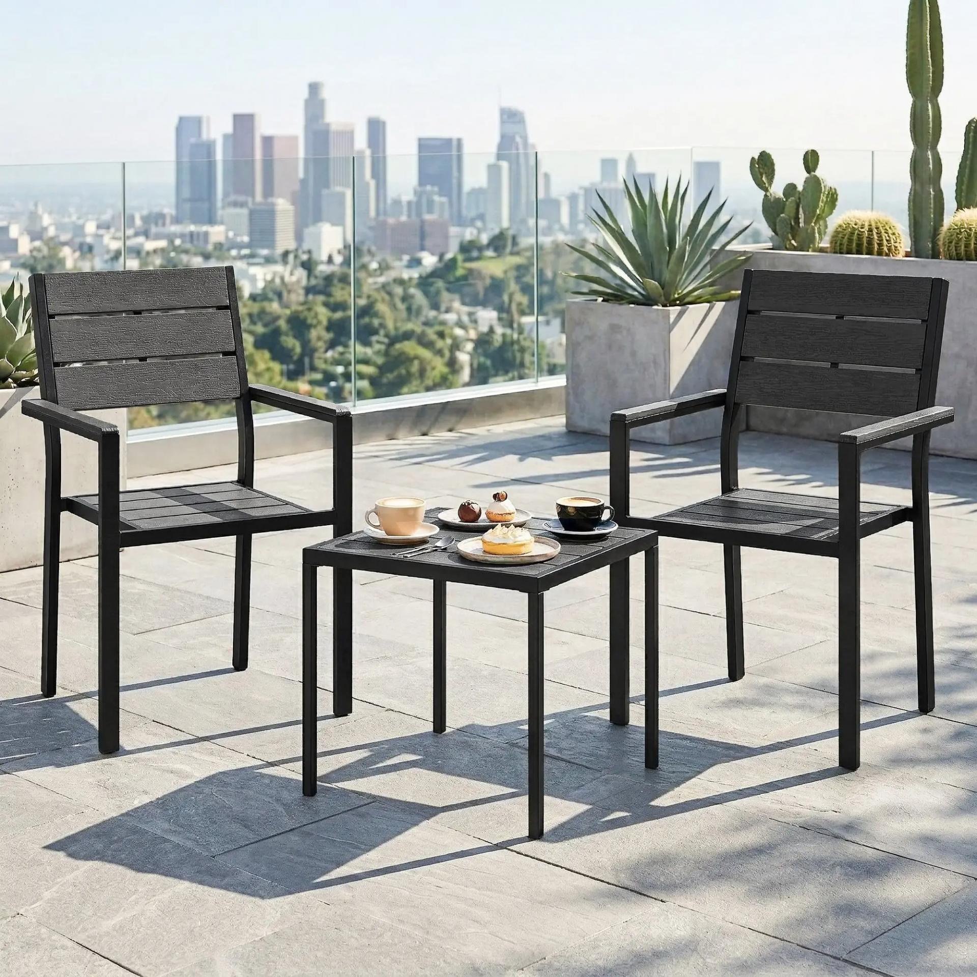 Conjunto de Jardín de 3 Piezas con 2 Sillas y Mesa de HDPE Diseño Listones Efecto Madera para Patio Balcón Negro