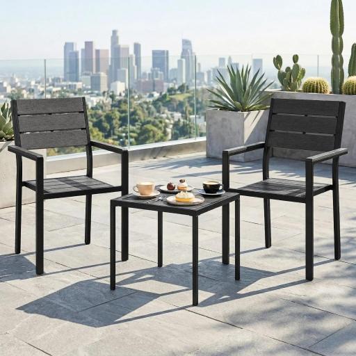 Conjunto de Jardín de 3 Piezas con 2 Sillas y Mesa de HDPE Diseño Listones Efecto Madera para Patio Balcón Negro