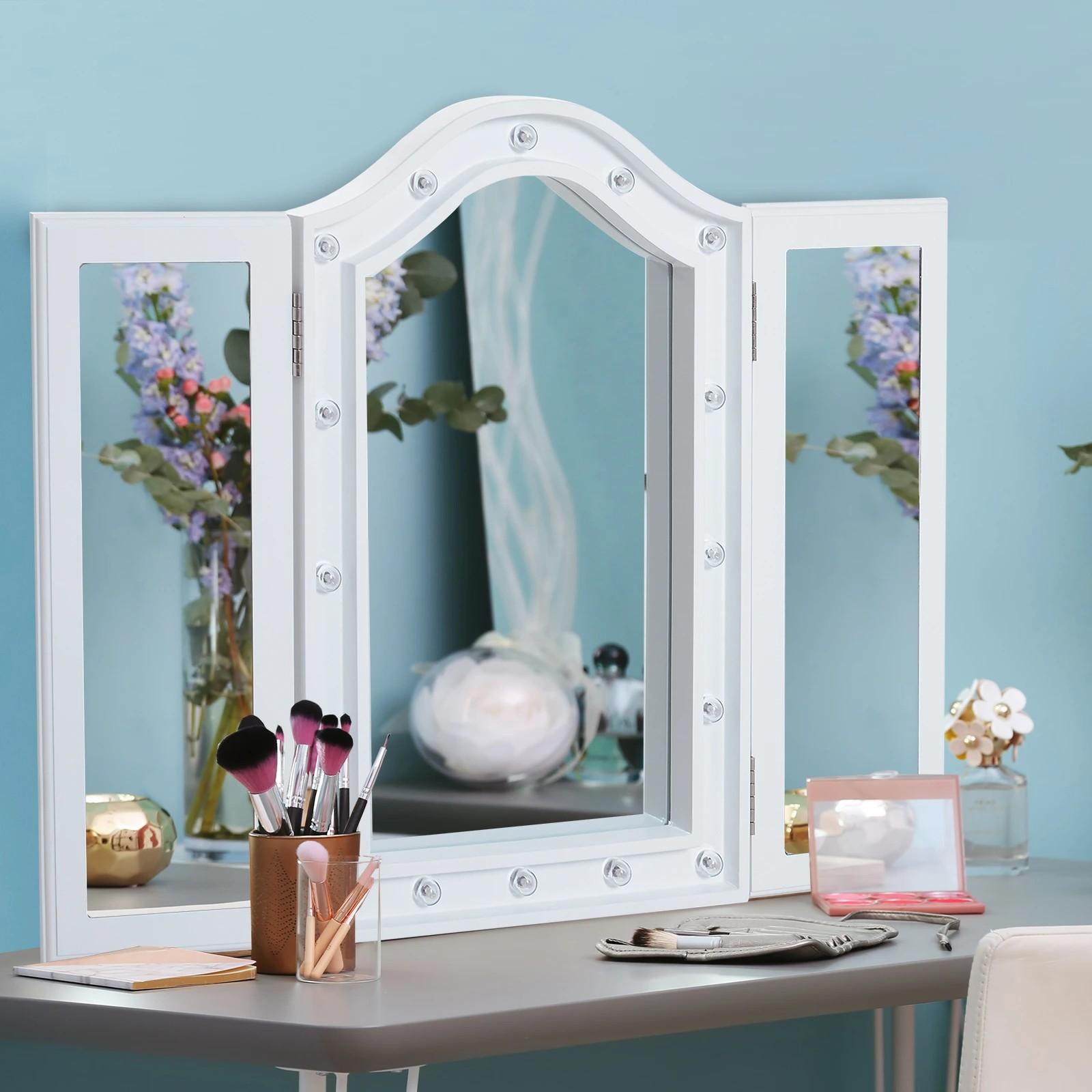 Espejo de Maquillaje con Luz LED Plegable Espejo Triple de Mesa Regalo Original para Mujer Cargo con Batería Espejo Cosmético con Iluminación 73x53.5x4.5cm