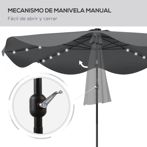 Sombrilla de Jardín Manual Ø292x248 cm con 32 Luces LED Solares 8 Varillas Impermeable y Rejillas de Ventilación Gris [5]
