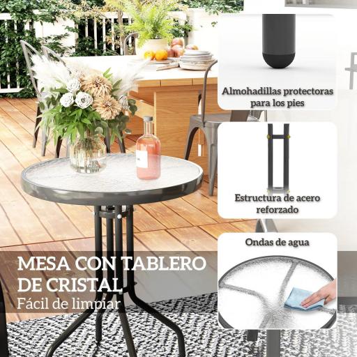 Conjunto de Jardín de 3 Piezas con Mesa Redonda Encimera de Vidrio y Sillas Apilables para Exteriores Gris Claro [4]