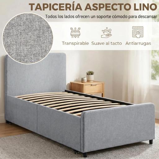 Cama Nido Individual 90x190 cm Estructura de Cama Tapizada en Lino con Cabecero y Piecero Listones de Madera Gris Claro [5]