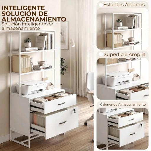 Mueble Archivador con Estantería 2 Cajones Encimera para Impresora Cerradura para A4 Letter Legal Blanco [5]