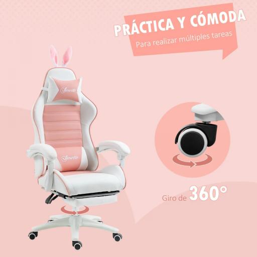Silla Gaming Profesional de Cuero PU con Altura Ajustable Inclinable 135° Reposacabezas 65x63x136-142 cm Rosa y Blanco [2]