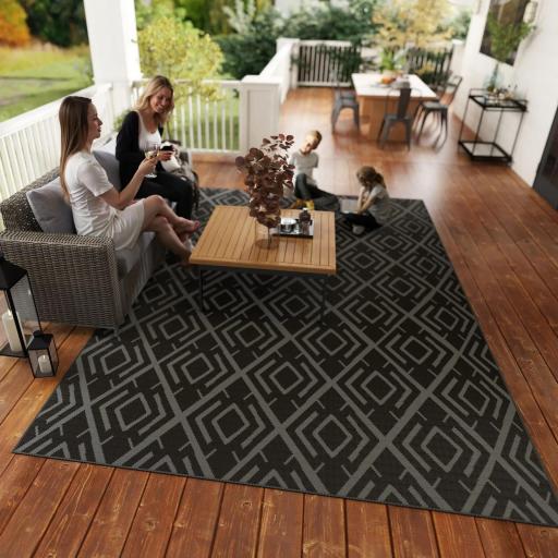 Alfombra de Exterior Reversible 182x274 cm con Patrón Geométrico de Rombos Impermeable Bolsa de Transporte Negro [5]