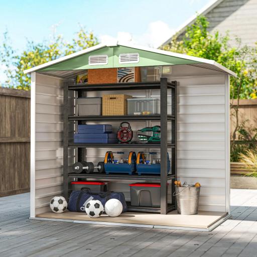 Cobertizo Metálico para Jardín 213x120x166/194 cm con Base Refuerzo Puertas Correderas y Ventilaciones Verde Claro [7]