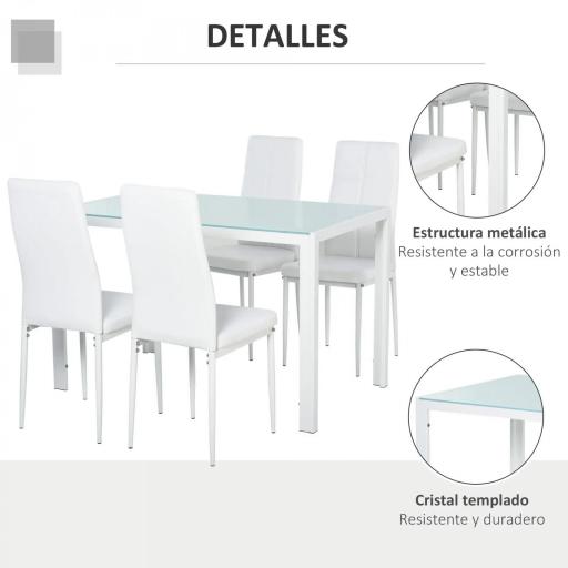 Conjunto de Comedor de Mesa y 4 Sillas 5 Piezas Mesa Rectangular de Vidrio Templado y Sillas Tapizadas en PU Blanco [3]