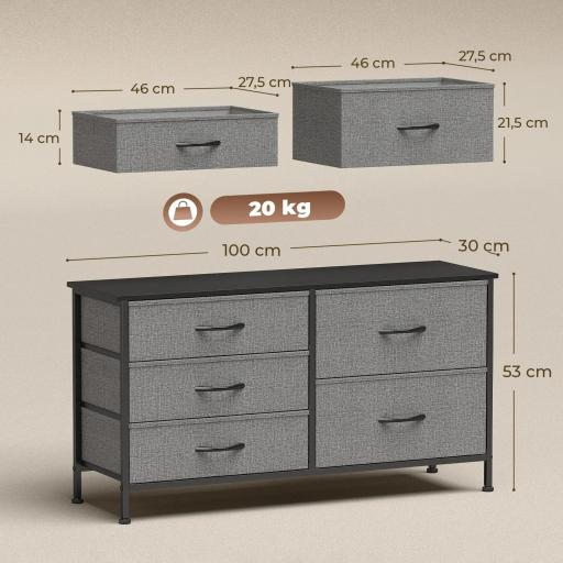 Cómoda con 5 Cajones de Tela Cómoda para Dormitorio Marco de Acero Cajonera para Salón Oficina Gris Oscuro y Negro [1]
