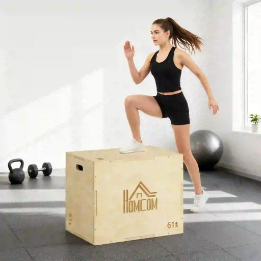 Cajón de Salto de Madera 3 en 1 con 2 Mango Hueco Carga 120 kg para Casa Oficina Gimnasia 61x51x76 cm Madera Natural [3]