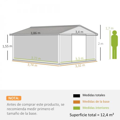 Cobertizo de Jardín 340x386x200 cm 12,4 m² Caseta Exterior de Metal con Puertas Correderas y Ventilaciones Ocre [0]