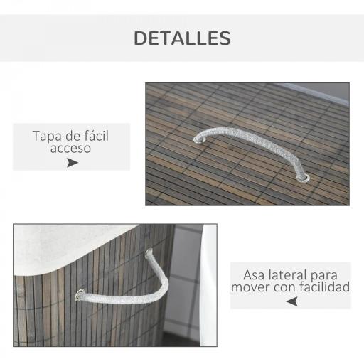 Cesto para Ropa Sucia de Bambú Capacidad de 100L con Tapa Extraíble Bolsa de 2 Compartimentos 52x32x63 cm Gris [4]