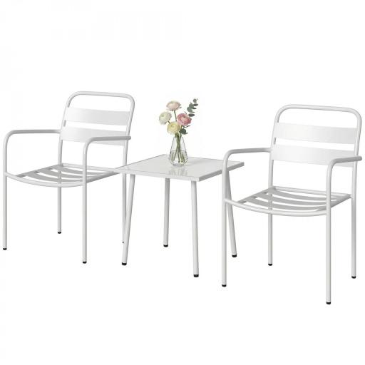 Conjunto de Jardín Exterior de 3 Piezas de Acero Galvanizado con 2 Sillas y Mesa de Vidrio Templado Blanco [8]