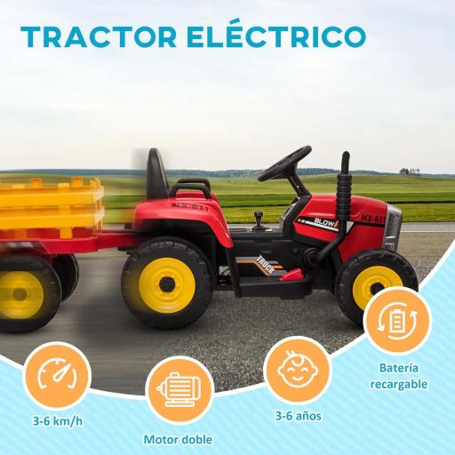 Tractor Eléctrico con Remolque para Niños 3-6 Años con Control Remoto y Cinturón de Seguridad 136,5x50x52,5 cm Rojo [3]