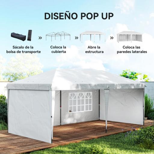 Carpa Plegable 6x3 m Pop-up con 4 Laterales Desmontables Cenador de Jardín con 2 Ventanas y Bolsa de Transporte Blanco [2]