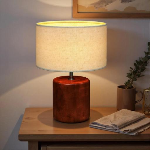 Lámpara de Mesa Rústica Lámpara de Mesita de Noche con Base de Madera Pantalla de Lino Interruptor Basculante Marrón [3]