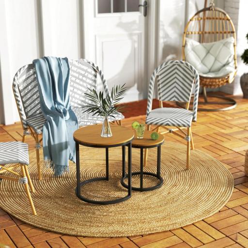 Juego de 2 Mesas de Jardín con Encimera de Madera de Acaica Diseño Listones con Marco de Acero y Pies Ajustables Teca [6]