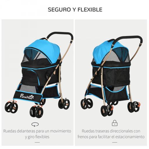 Carrito para Perros Pequeños 3 en 1 con Vagón Desmontable Cesta de Almacenaje Correas de Seguridad y Cojín Azul [4]