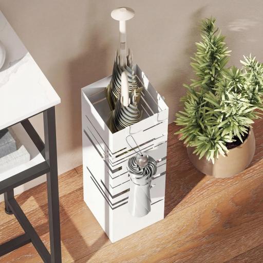 Paragüero Metálico con Bandeja de Goteo y 4 Ganchos, 15,5x15,5x49 cm, Blanco [7]