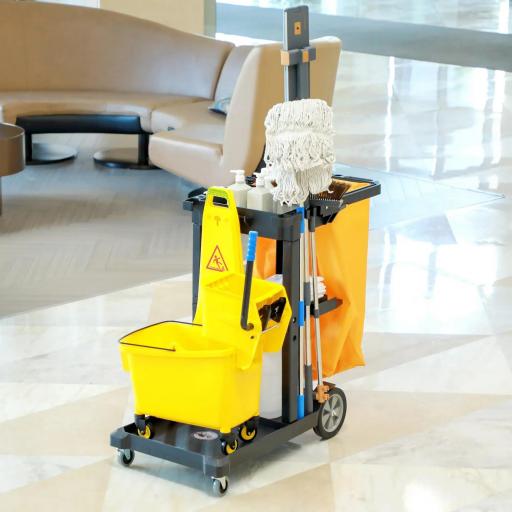 Carro de Limpieza con Bolsa con Ruedas y 3 Estantes Carro para Limpieza para Hotel 121x50,5x96,5 cm Negro y Amarillo [6]
