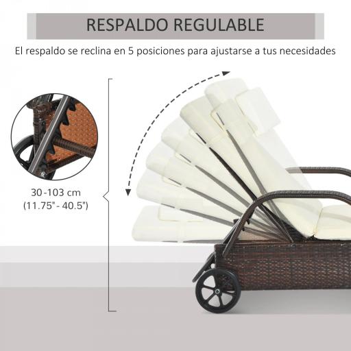Tumbona de Ratán de Jardín Chaise Longue con Respaldo Ajustable en 5 Posiciones Cojines Acolchados Reposacabezas y 2 Ruedas Carga 160 kg 200x73x30-103 cm Crema y Marrón [4]